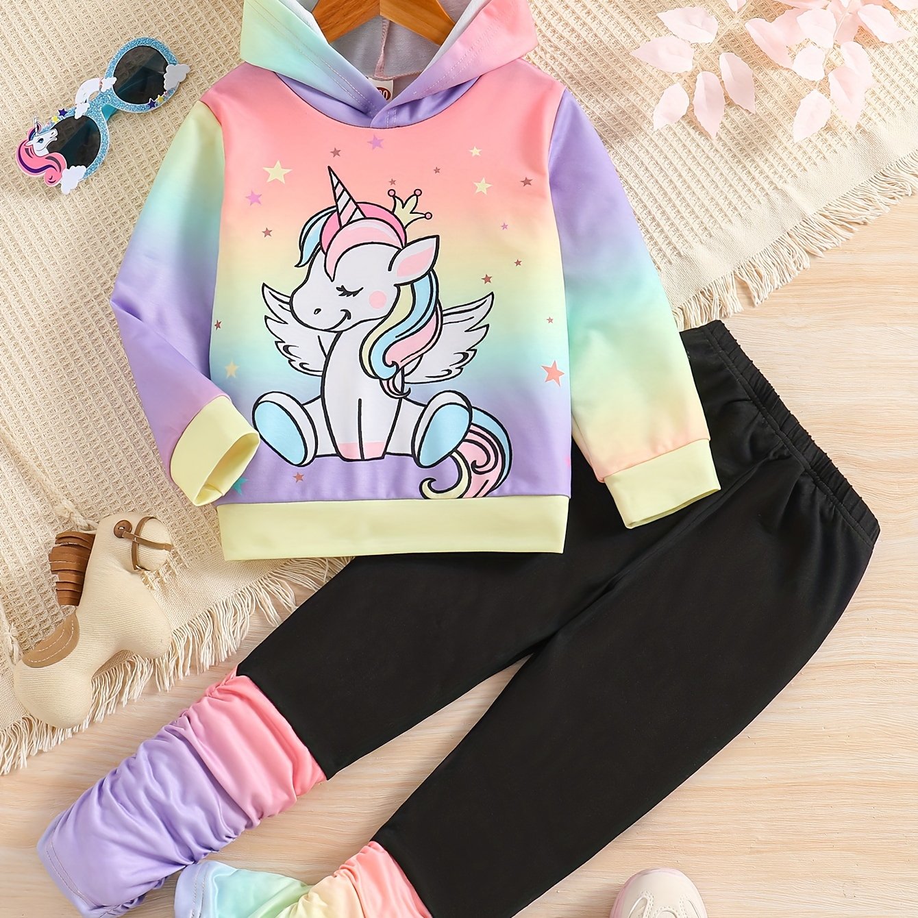 2-Piece Girl's Cartoon Unicorn Print Hoodie and Pants Set - Kids' Casual Pant Sets for Spring and Fall - Soft, Comfy, and Adorable Outfits for Little Girls