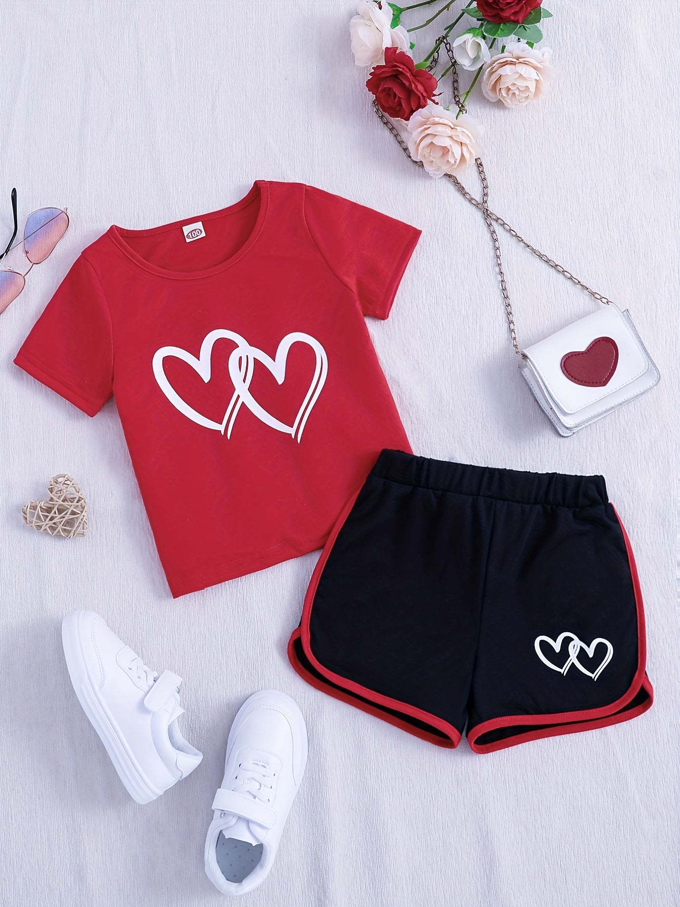 Buy 1 Get 1 Free, total of 2 pcs Adorable Toddler Girls' Heart Graphic Tees - Casual Round Neck, Contrast Binding, Breathable Fabric, Comfortable Fit - Summer Outfit, Track Shorts, Kids' Wardrobe Essential