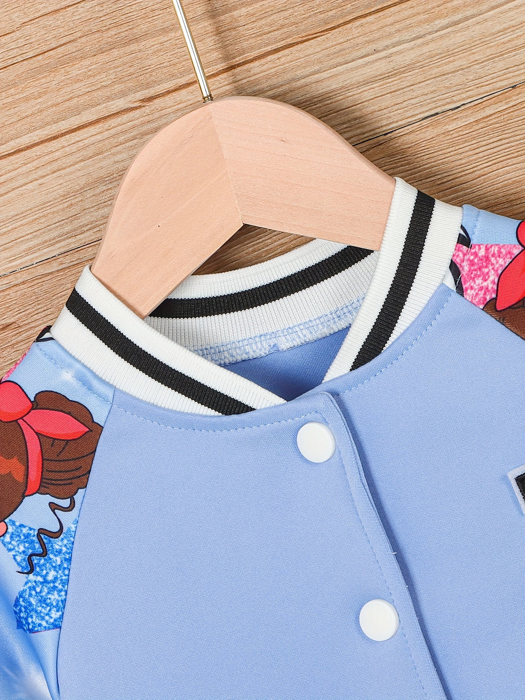 Girls' Pink & White Baseball Jacket - Lightweight Fall Outerwear, Button-Front Closure, Cute Anime-like Characters, Playful Design, Durable Fabric, Cartoon Print, Easy Care, Childrens Wear, Schoolage Kids, Girls' Casual Coat,