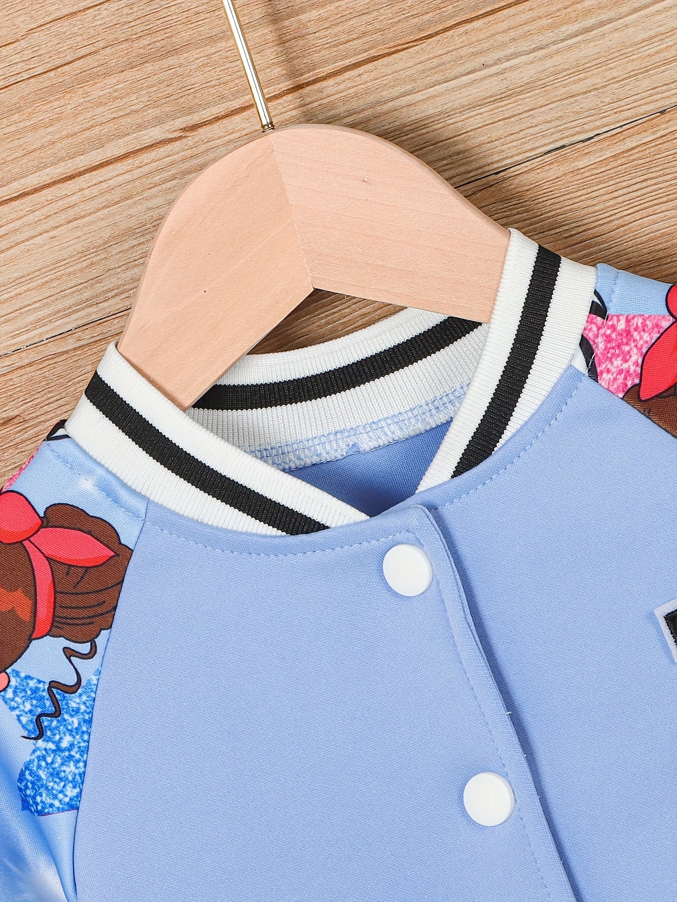 Girls' Pink & White Baseball Jacket - Lightweight Fall Outerwear, Button-Front Closure, Cute Anime-like Characters, Playful Design, Durable Fabric, Cartoon Print, Easy Care, Childrens Wear, Schoolage Kids, Girls' Casual Coat,