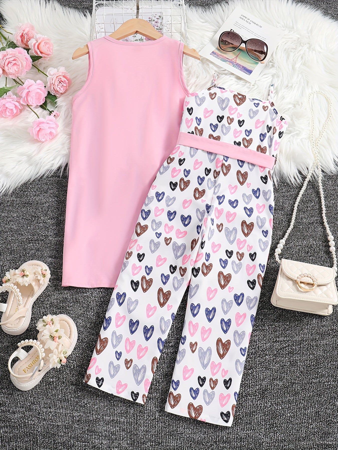 Girls Casual Trendy Cute Cartoon Heart Graphic Jumpsuit & Sleeveless Outwear Set For Summer Holiday Party Kids Clothes