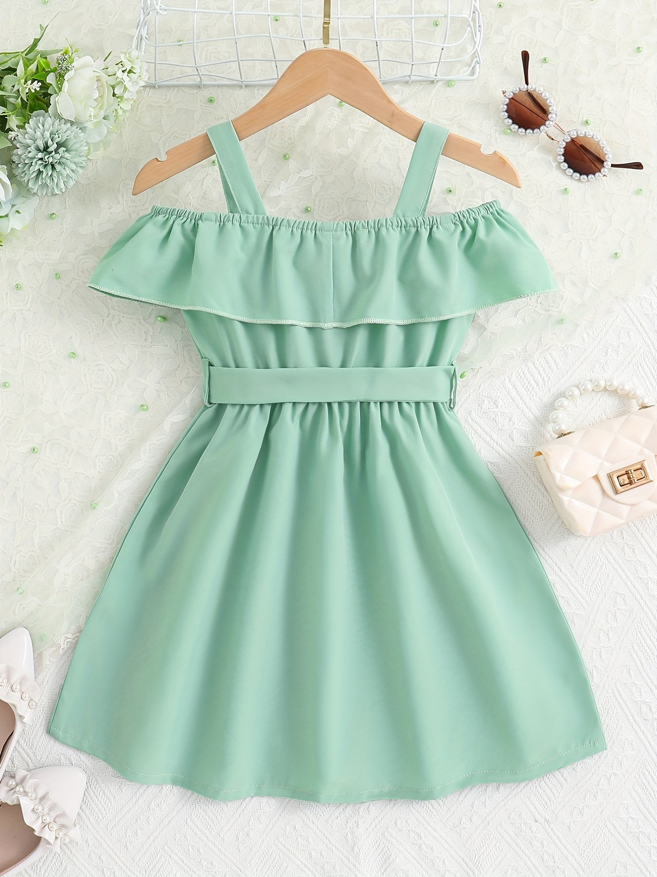 Toddler Girls Ruffle Trim Cold Shoulder Button Belted Princess Dress For Party Beach Vacation Kids Summer Clothes