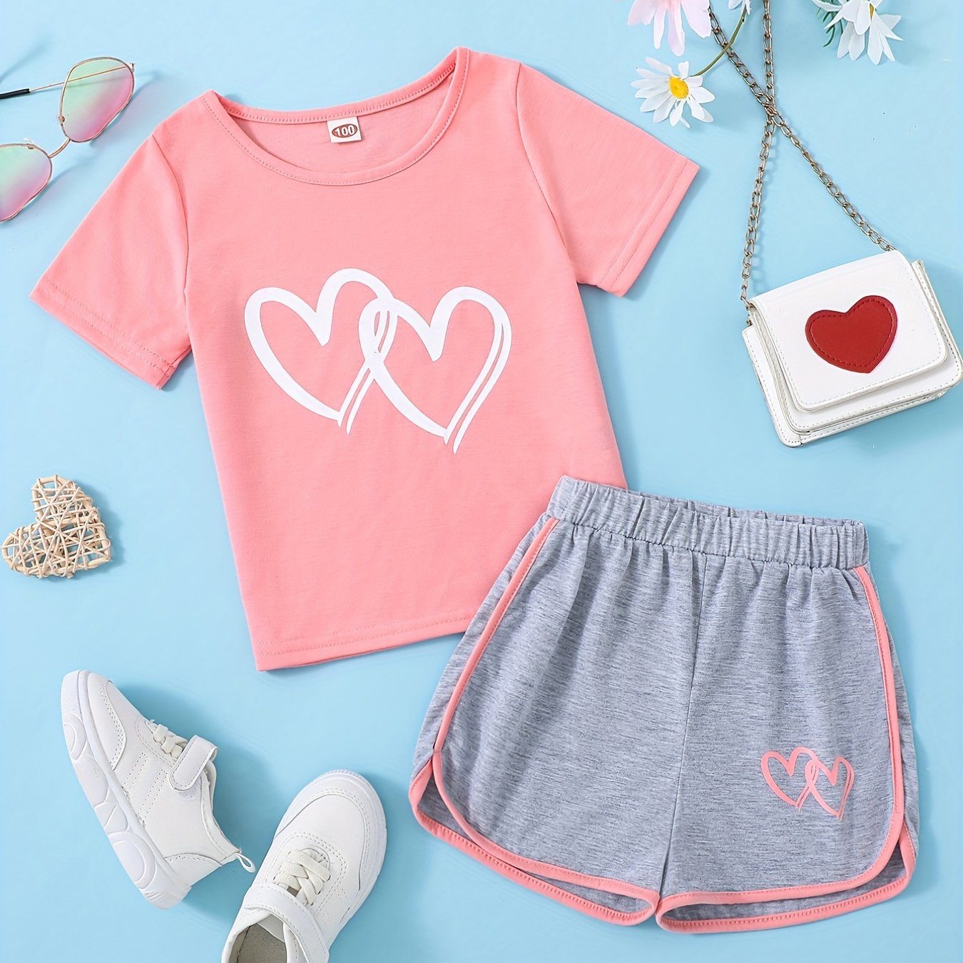 Buy 1 Get 1 Free, total of 2 pcs Adorable Toddler Girls' Heart Graphic Tees - Casual Round Neck, Contrast Binding, Breathable Fabric, Comfortable Fit - Summer Outfit, Track Shorts, Kids' Wardrobe Essential