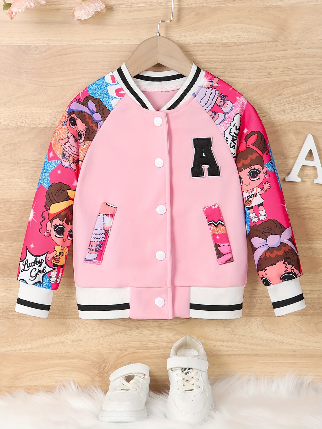 Girls' Pink & White Baseball Jacket - Lightweight Fall Outerwear, Button-Front Closure, Cute Anime-like Characters, Playful Design, Durable Fabric, Cartoon Print, Easy Care, Childrens Wear, Schoolage Kids, Girls' Casual Coat,
