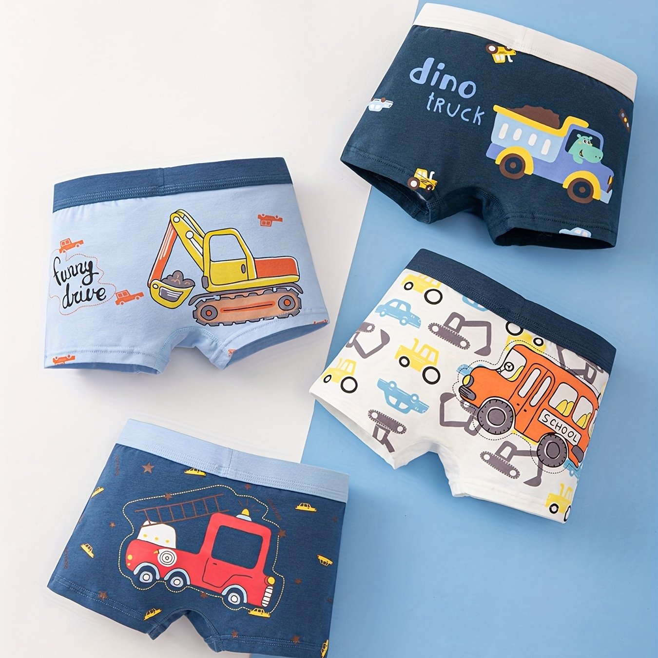 4pcs Comfy Cartoon Excavator Truck Print Boy's Cotton Boxer Briefs - Soft, Breathable, Elastic Waist, Fun Design - Perfect for Active Kids, Casual Daily Wear, Soft Underwear for Sensitive Skin