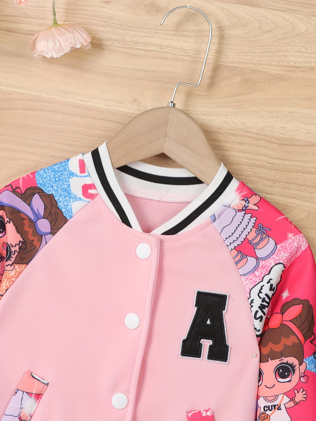 Girls' Pink & White Baseball Jacket - Lightweight Fall Outerwear, Button-Front Closure, Cute Anime-like Characters, Playful Design, Durable Fabric, Cartoon Print, Easy Care, Childrens Wear, Schoolage Kids, Girls' Casual Coat,