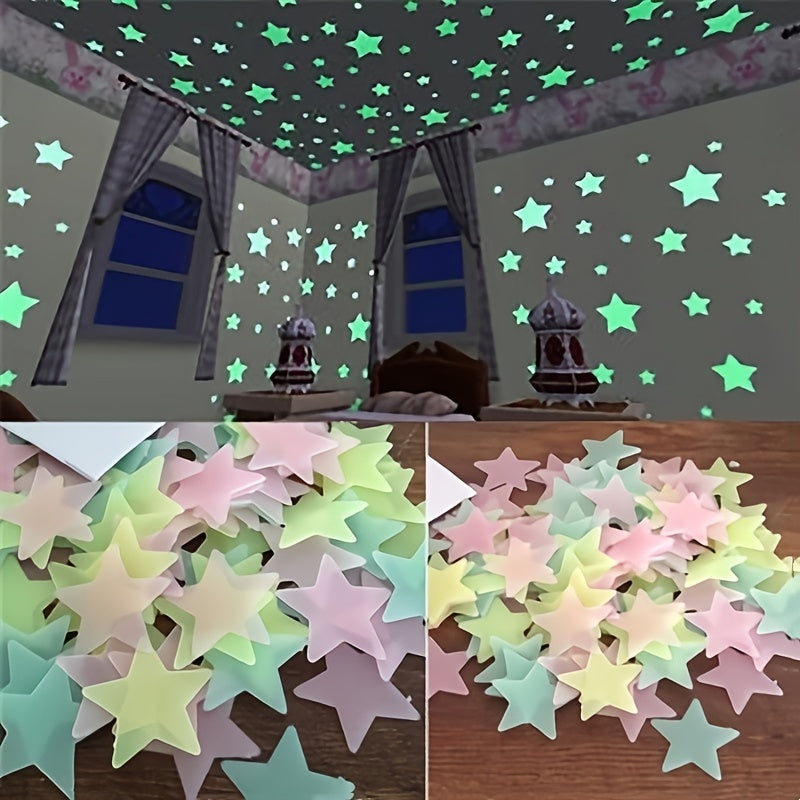 100 pcs Glossy Glitter Luminous Star Wall Stickers for Bedroom, Living Room, and Kids - Self-Adhesive Space Decor for Teen Girls