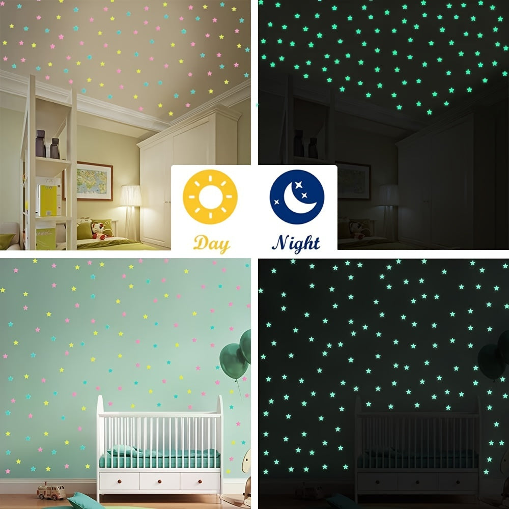 100 pcs Glossy Glitter Luminous Star Wall Stickers for Bedroom, Living Room, and Kids - Self-Adhesive Space Decor for Teen Girls