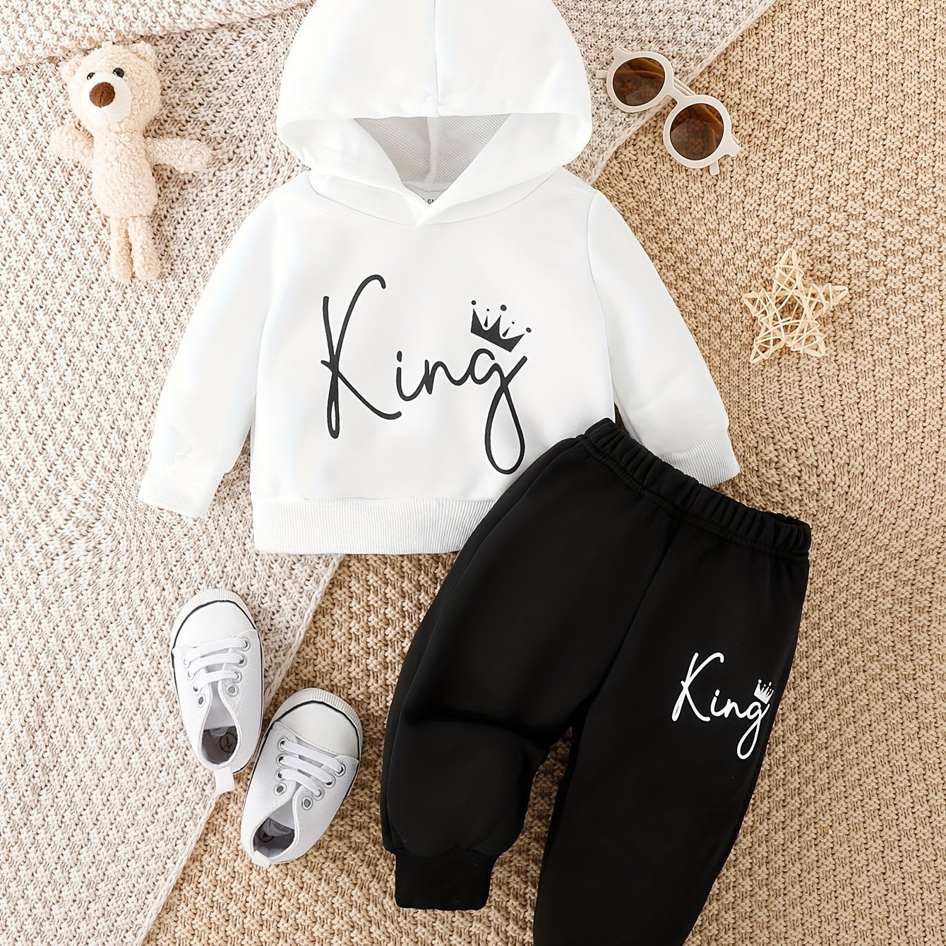 Baby Cute KING Print 2pcs Outfit - Kids Casual Stylish Hoodie Top Trousers Outdoor Set For Fall Winter