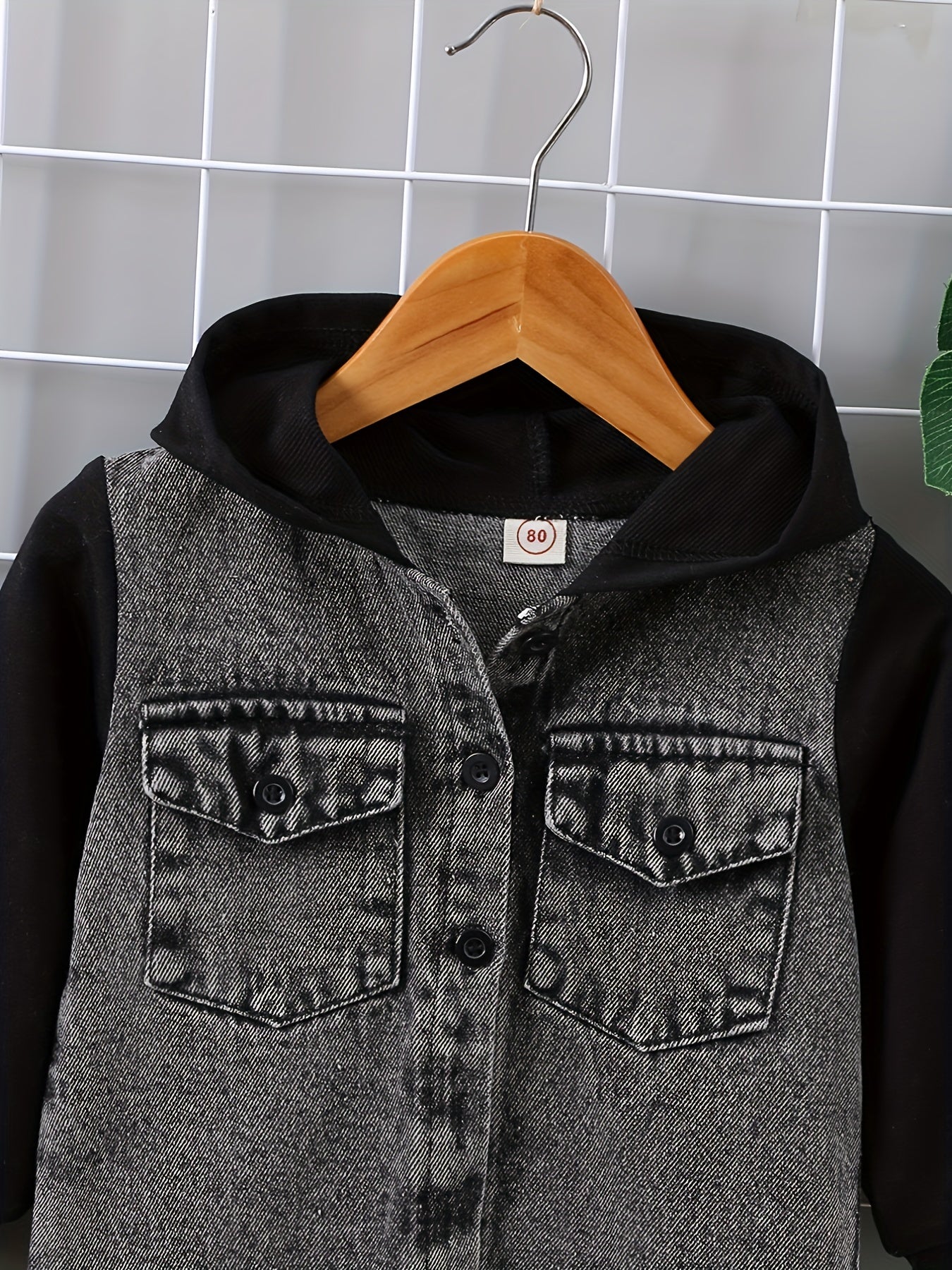 Toddler Boys Stylish Hooded Stitching Long-sleeved Single-breasted Denim Coat With Umbrella-shaped Hem Design, Kids Clothes Autumn And Winter