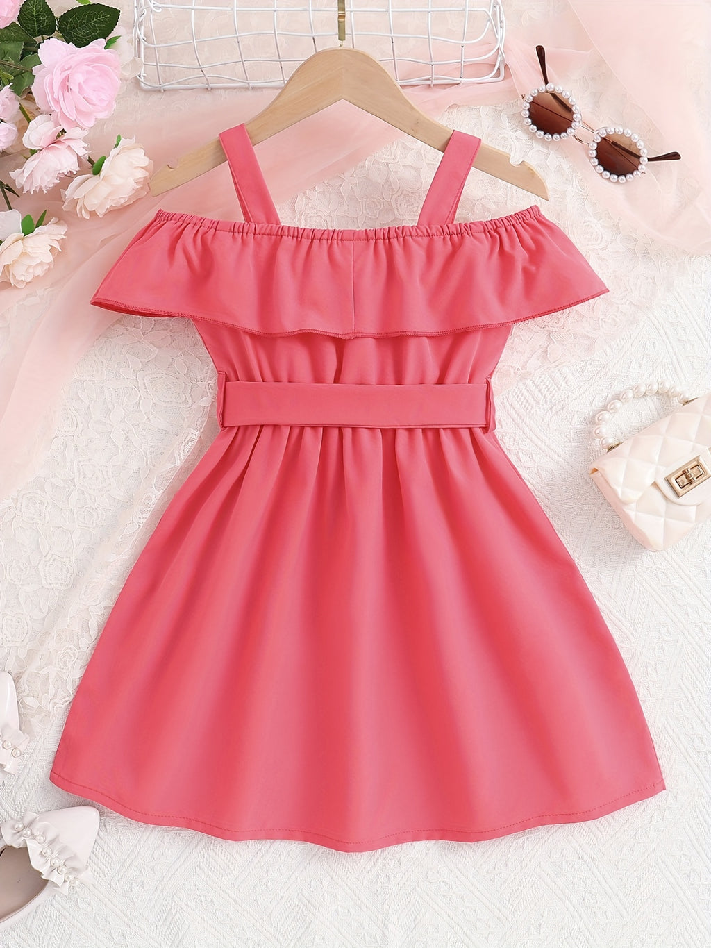 Toddler Girls Ruffle Trim Cold Shoulder Button Belted Princess Dress For Party Beach Vacation Kids Summer Clothes