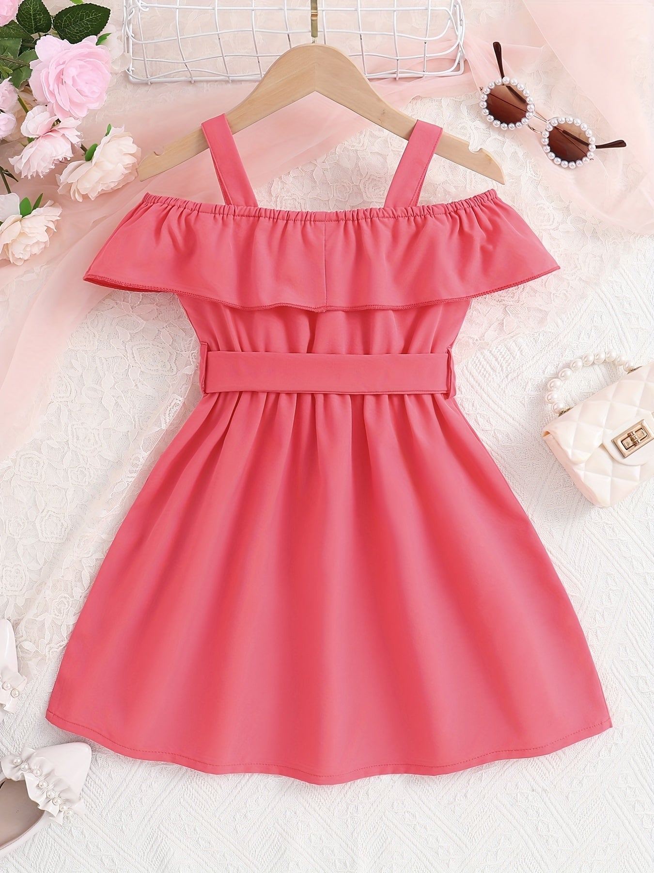 Toddler Girls Ruffle Trim Cold Shoulder Button Belted Princess Dress For Party Beach Vacation Kids Summer Clothes