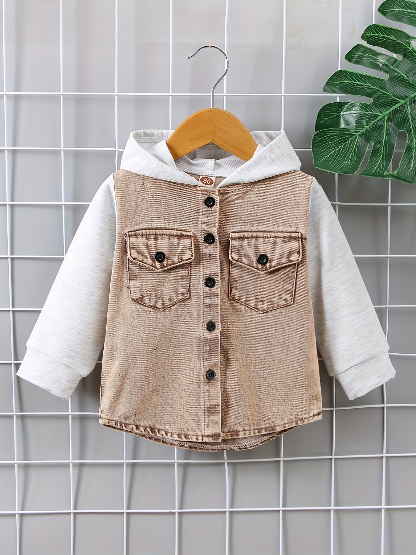 Toddler Boys Stylish Hooded Stitching Long-sleeved Single-breasted Denim Coat With Umbrella-shaped Hem Design, Kids Clothes Autumn And Winter