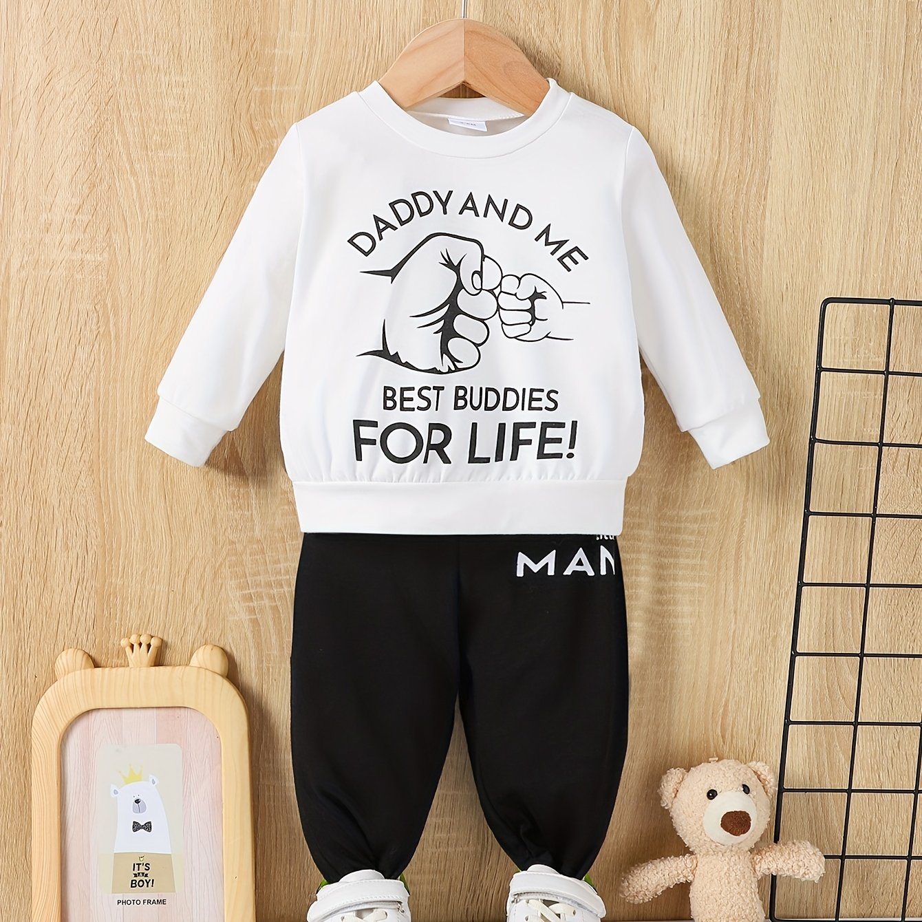 Trendy Happy Face Print Toddler Boy Sweatshirt and Jogger Set, Long Sleeve Fall Winter Kids Tracksuit