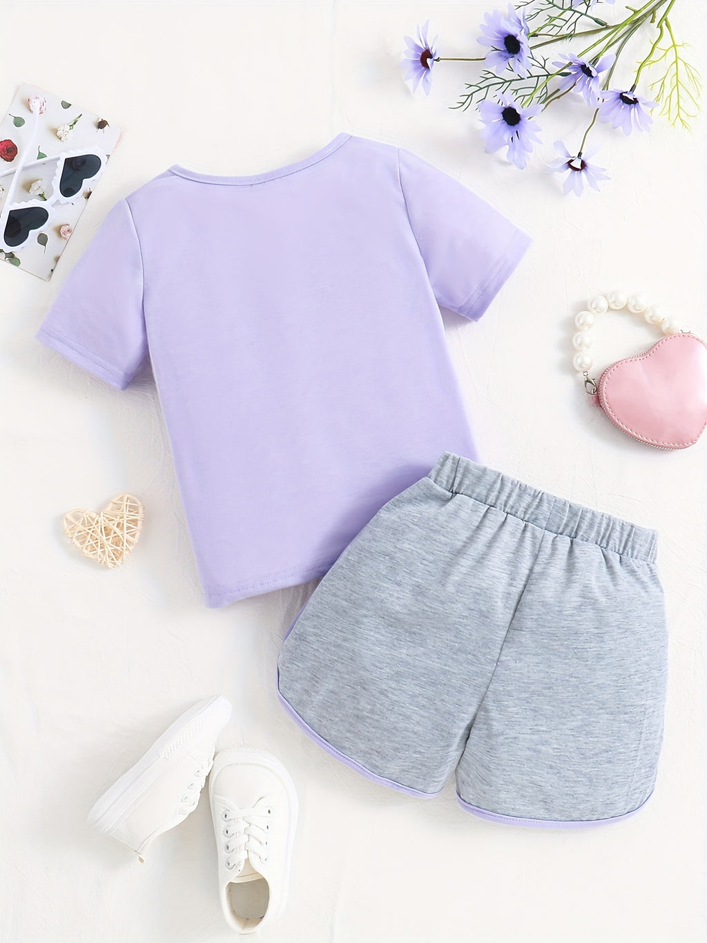 Buy 1 Get 1 Free, total of 2 pcs Adorable Toddler Girls' Heart Graphic Tees - Casual Round Neck, Contrast Binding, Breathable Fabric, Comfortable Fit - Summer Outfit, Track Shorts, Kids' Wardrobe Essential