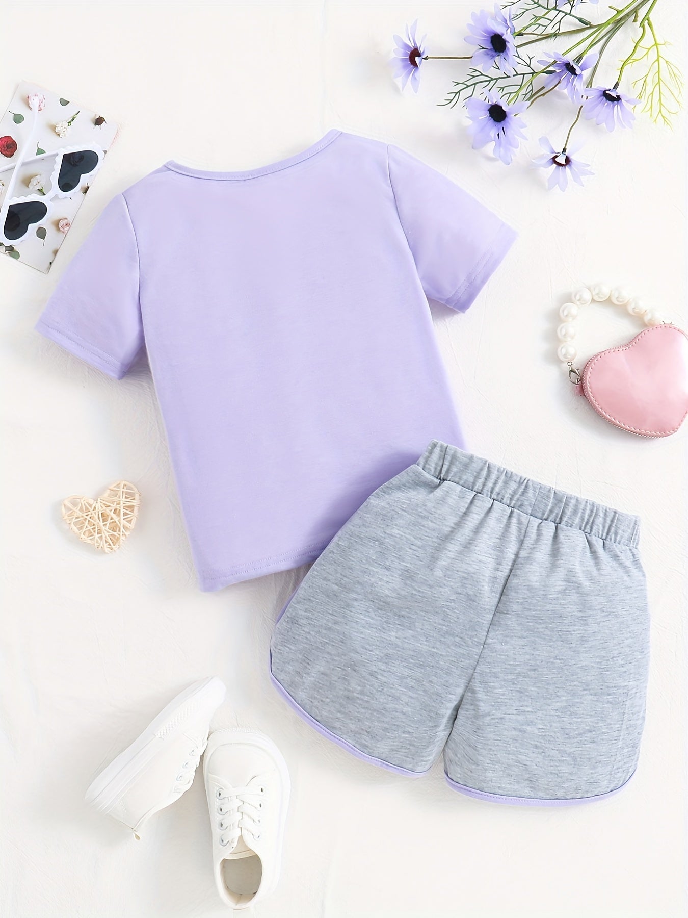 Buy 1 Get 1 Free, total of 2 pcs Adorable Toddler Girls' Heart Graphic Tees - Casual Round Neck, Contrast Binding, Breathable Fabric, Comfortable Fit - Summer Outfit, Track Shorts, Kids' Wardrobe Essential