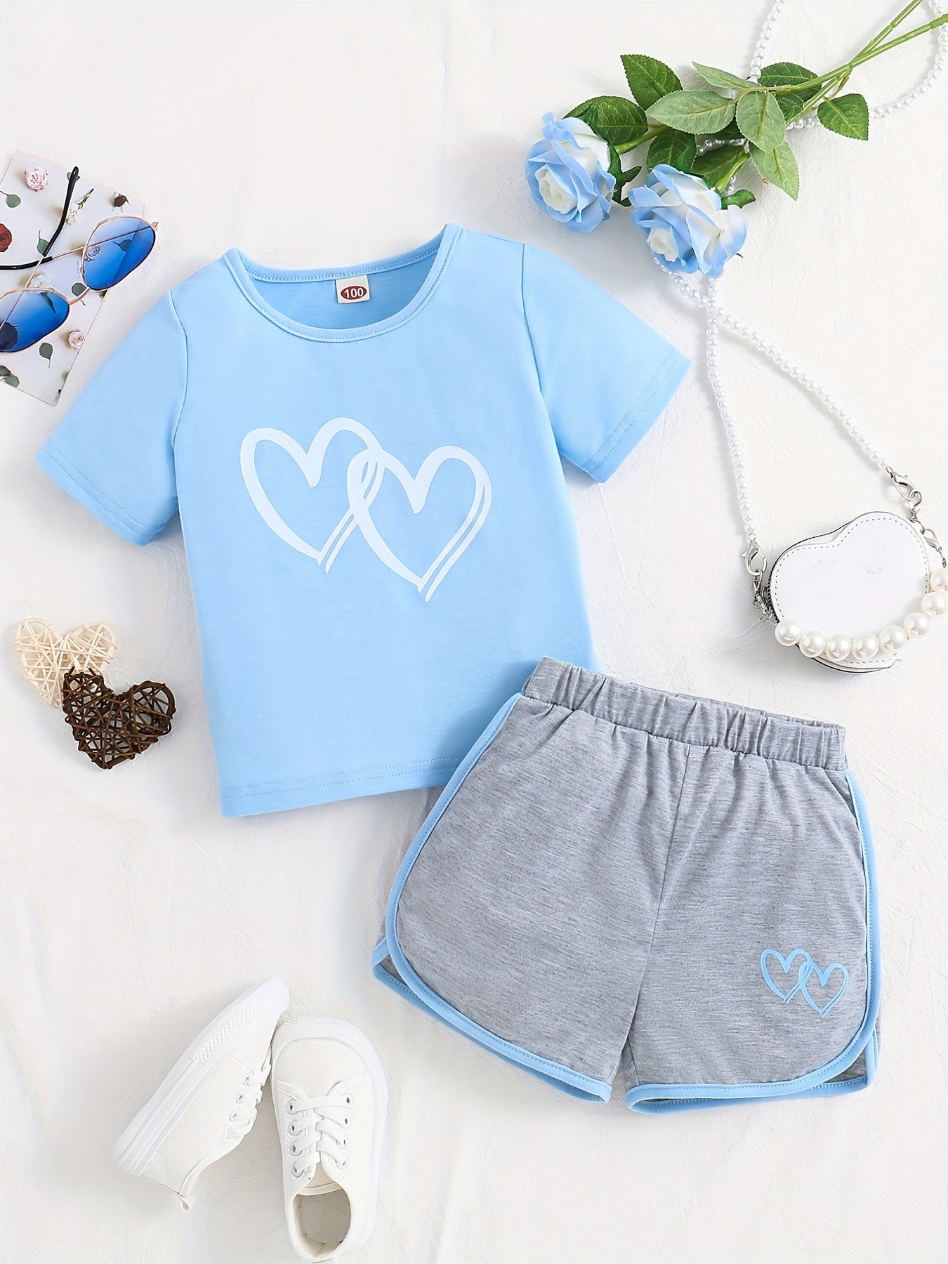 Buy 1 Get 1 Free, total of 2 pcs Adorable Toddler Girls' Heart Graphic Tees - Casual Round Neck, Contrast Binding, Breathable Fabric, Comfortable Fit - Summer Outfit, Track Shorts, Kids' Wardrobe Essential