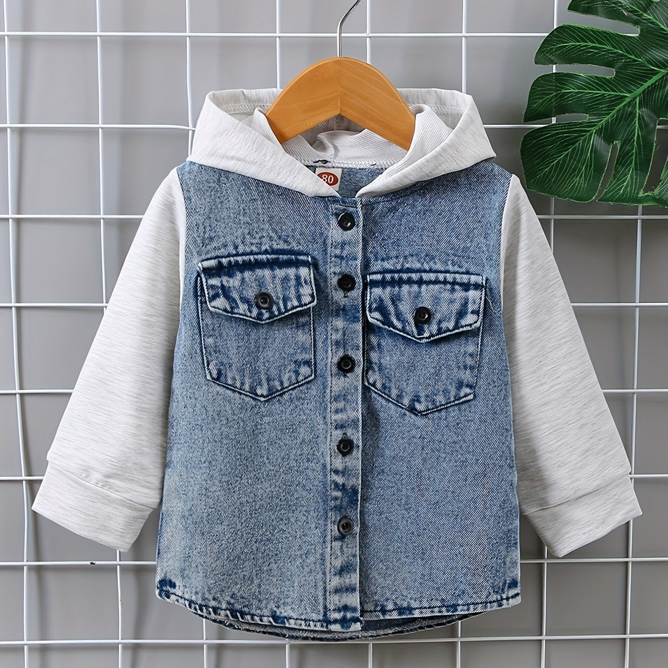 Toddler Boys Stylish Hooded Stitching Long-sleeved Single-breasted Denim Coat With Umbrella-shaped Hem Design, Kids Clothes Autumn And Winter