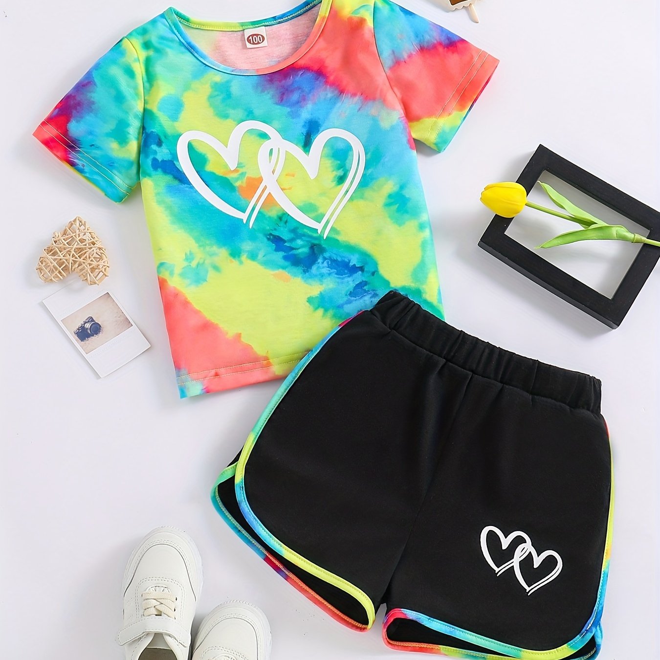 Buy 1 Get 1 Free, total of 2 pcs Adorable Toddler Girls' Heart Graphic Tees - Casual Round Neck, Contrast Binding, Breathable Fabric, Comfortable Fit - Summer Outfit, Track Shorts, Kids' Wardrobe Essential