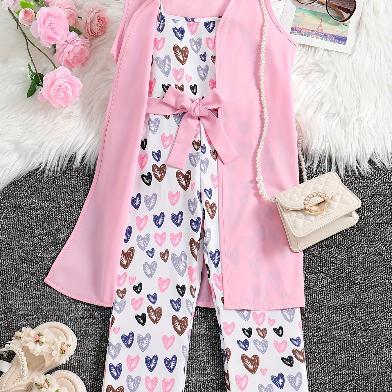 Girls Casual Trendy Cute Cartoon Heart Graphic Jumpsuit & Sleeveless Outwear Set For Summer Holiday Party Kids Clothes