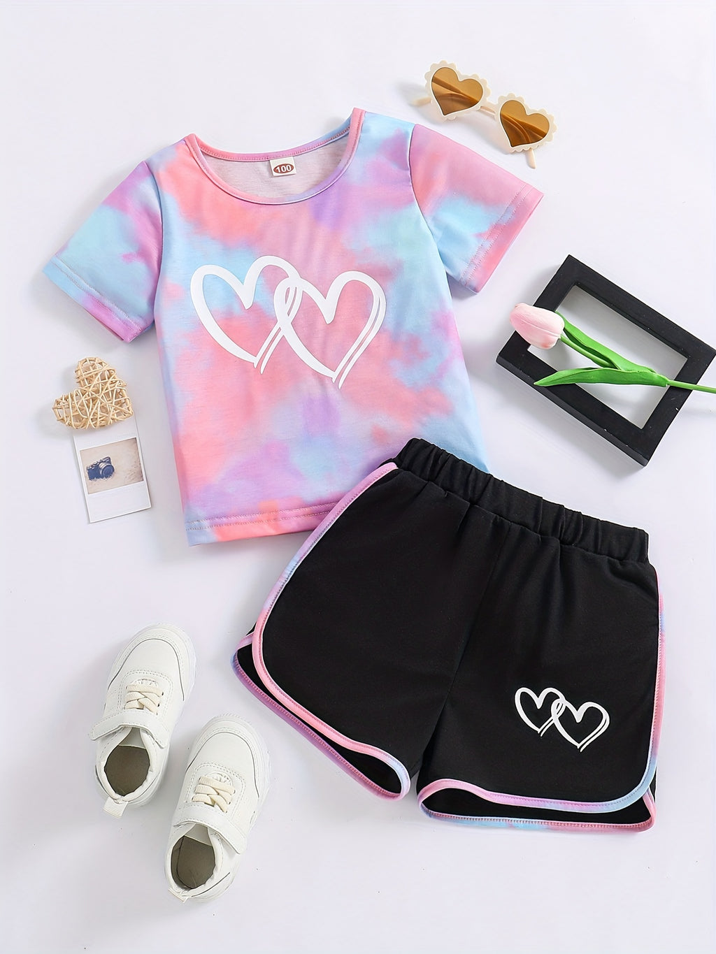 Buy 1 Get 1 Free, total of 2 pcs Adorable Toddler Girls' Heart Graphic Tees - Casual Round Neck, Contrast Binding, Breathable Fabric, Comfortable Fit - Summer Outfit, Track Shorts, Kids' Wardrobe Essential
