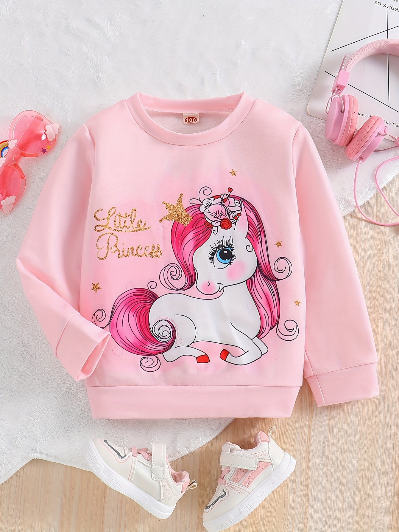 Cute Pony Princess Pattern Girls Pullover Long Sleeve Trendy Sweatshirt For Children Kids, Fall/ Winter/ Spring