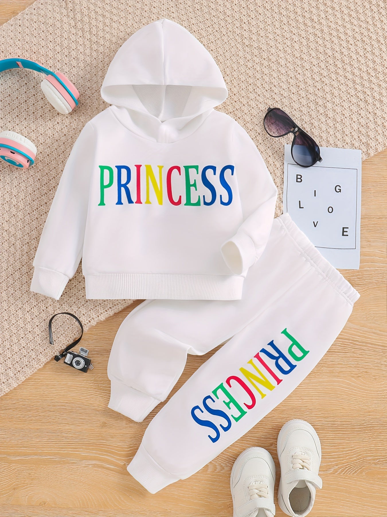 Kids' Princess Alphabet Print Hoodie and Pants Set, Casual Spring/Fall Outfit, Long Sleeve Knitwear with Slight Stretch, Polyester 95% Elastane 5% - Regular Fit, for Outdoor