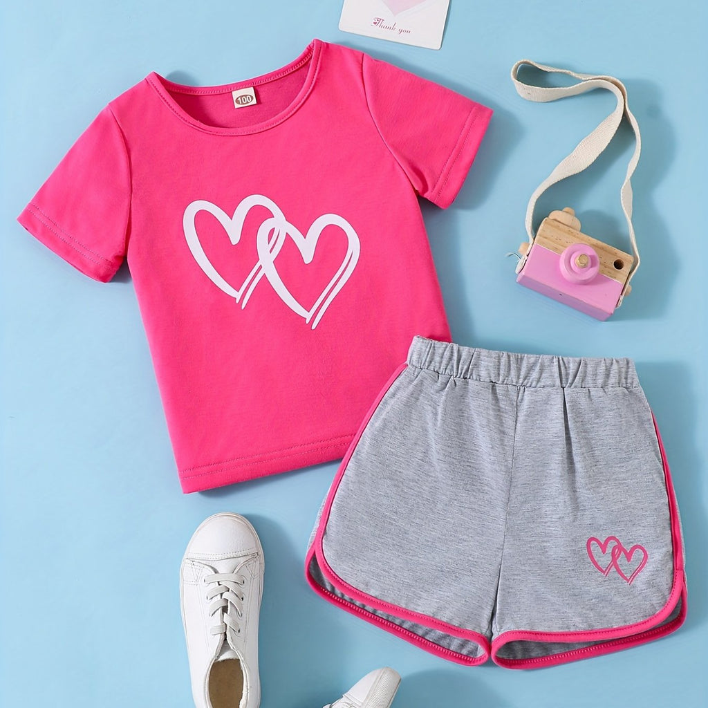 Buy 1 Get 1 Free, total of 2 pcs Adorable Toddler Girls' Heart Graphic Tees - Casual Round Neck, Contrast Binding, Breathable Fabric, Comfortable Fit - Summer Outfit, Track Shorts, Kids' Wardrobe Essential