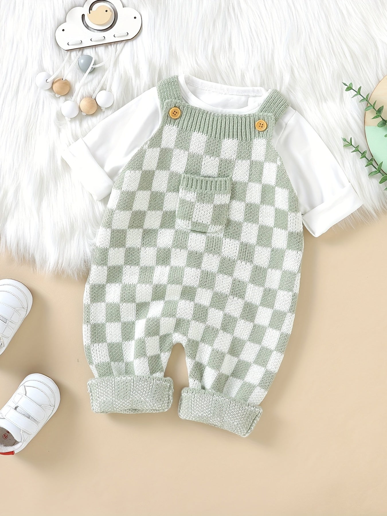 Kids' Knit Checkerboard Overalls with Cute Front Pocket - Cozy Acrylic, Stretchy, All-Season Wear for Boys and Girls, Casual Style, Perfect for Outdoor Wear, Perfect for Outdoor