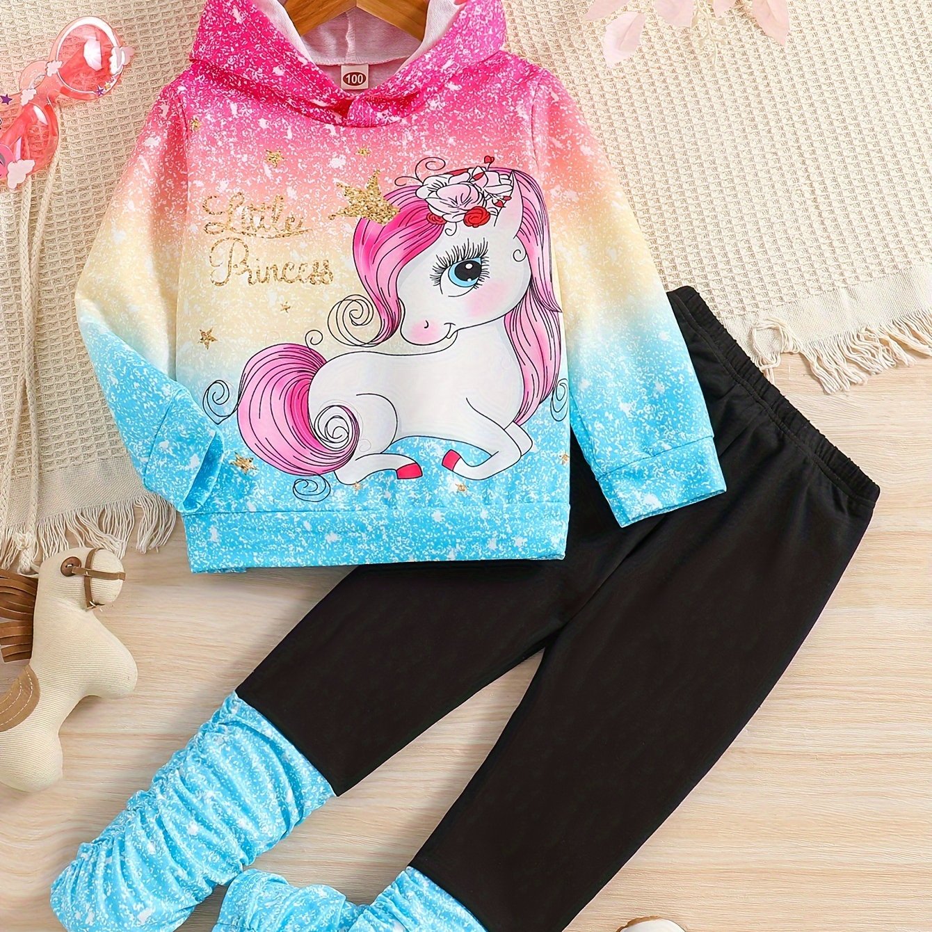 2-Piece Girl's Cartoon Unicorn Print Hoodie and Pants Set - Kids' Casual Pant Sets for Spring and Fall - Soft, Comfy, and Adorable Outfits for Little Girls
