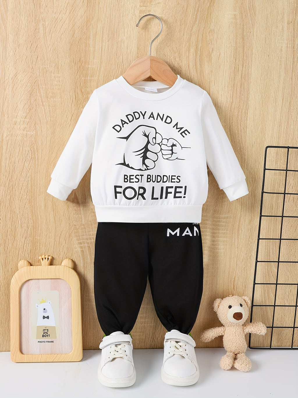 Trendy Happy Face Print Toddler Boy Sweatshirt and Jogger Set, Long Sleeve Fall Winter Kids Tracksuit