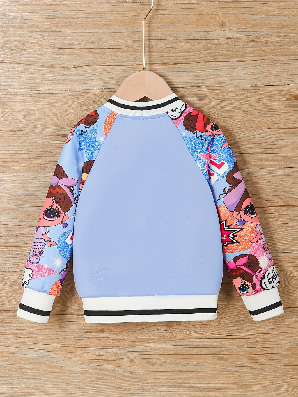 Girls' Pink & White Baseball Jacket - Lightweight Fall Outerwear, Button-Front Closure, Cute Anime-like Characters, Playful Design, Durable Fabric, Cartoon Print, Easy Care, Childrens Wear, Schoolage Kids, Girls' Casual Coat,