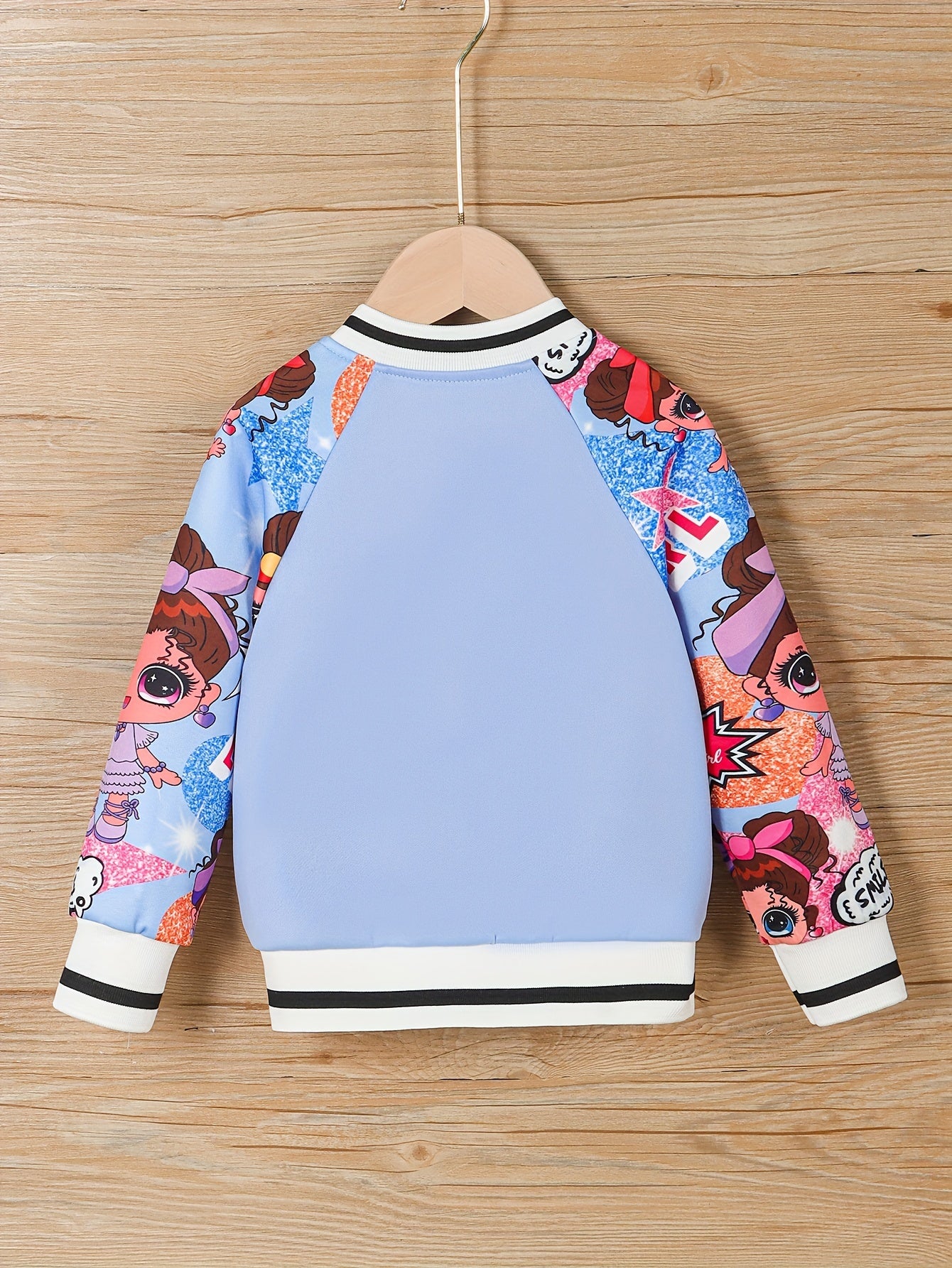Girls' Pink & White Baseball Jacket - Lightweight Fall Outerwear, Button-Front Closure, Cute Anime-like Characters, Playful Design, Durable Fabric, Cartoon Print, Easy Care, Childrens Wear, Schoolage Kids, Girls' Casual Coat,