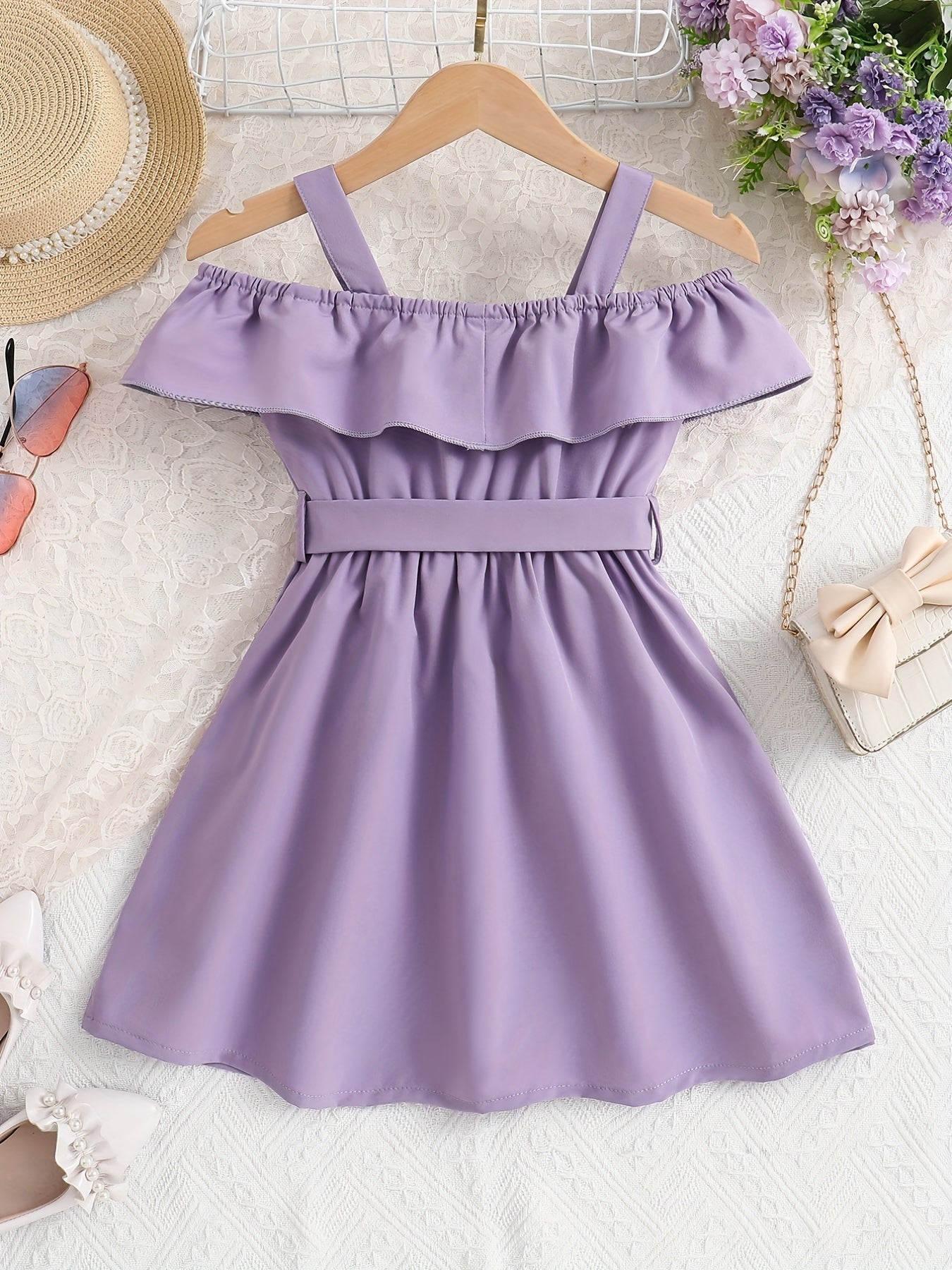 Toddler Girls Ruffle Trim Cold Shoulder Button Belted Princess Dress For Party Beach Vacation Kids Summer Clothes