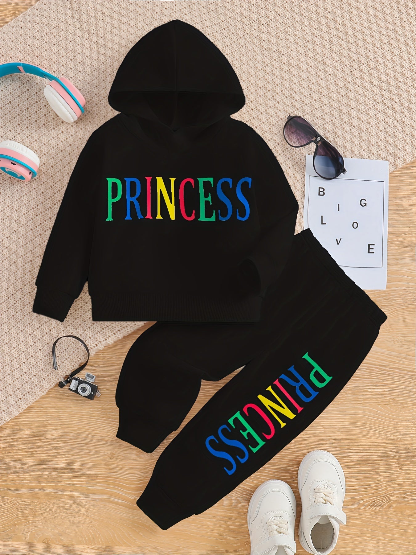 Kids' Princess Alphabet Print Hoodie and Pants Set, Casual Spring/Fall Outfit, Long Sleeve Knitwear with Slight Stretch, Polyester 95% Elastane 5% - Regular Fit, for Outdoor