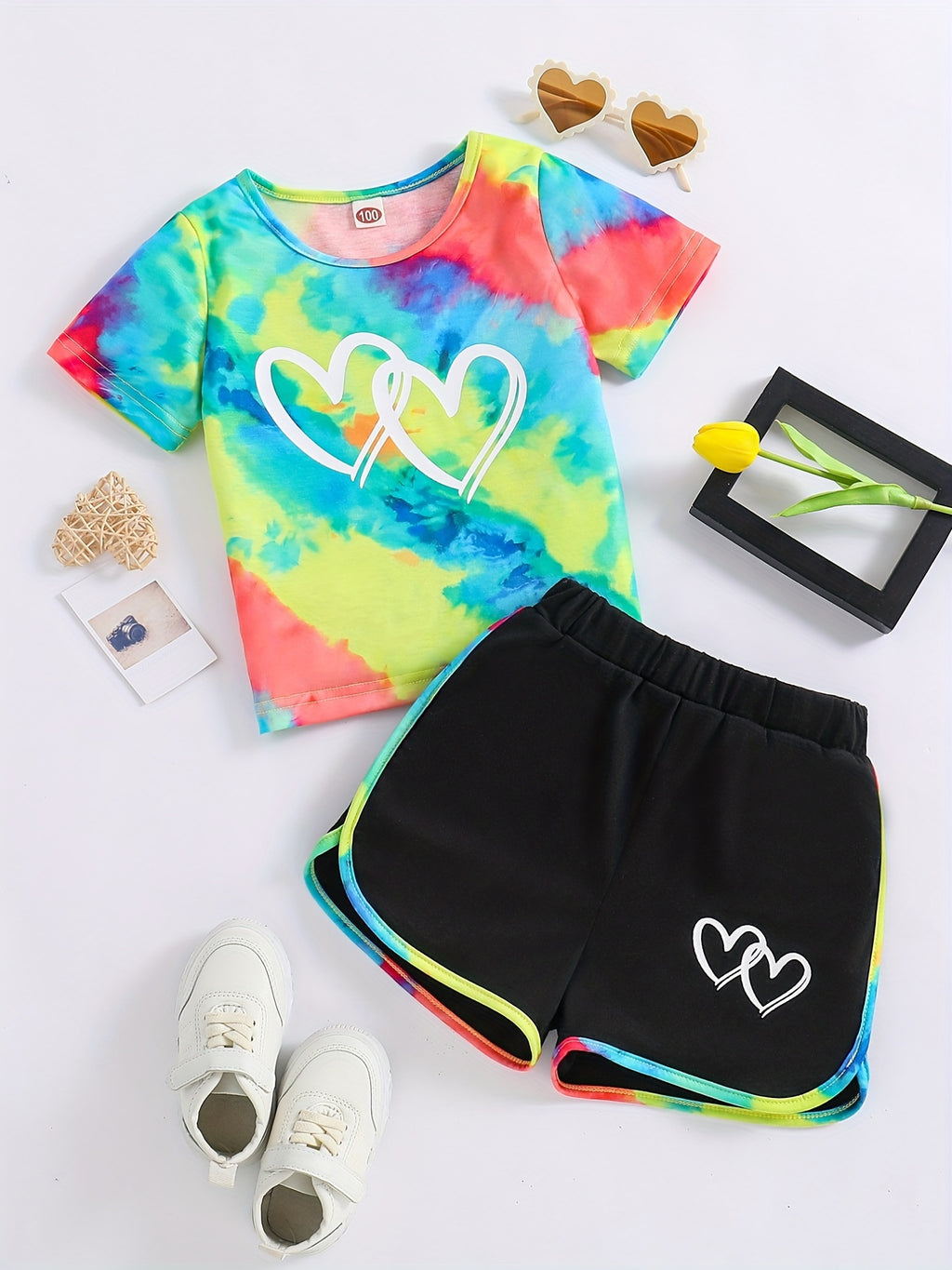 Buy 1 Get 1 Free, total of 2 pcs Adorable Toddler Girls' Heart Graphic Tees - Casual Round Neck, Contrast Binding, Breathable Fabric, Comfortable Fit - Summer Outfit, Track Shorts, Kids' Wardrobe Essential