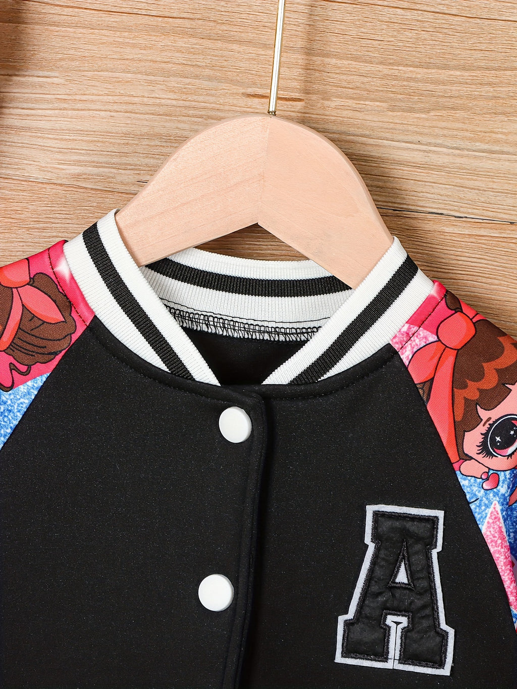 Girls' Pink & White Baseball Jacket - Lightweight Fall Outerwear, Button-Front Closure, Cute Anime-like Characters, Playful Design, Durable Fabric, Cartoon Print, Easy Care, Childrens Wear, Schoolage Kids, Girls' Casual Coat,