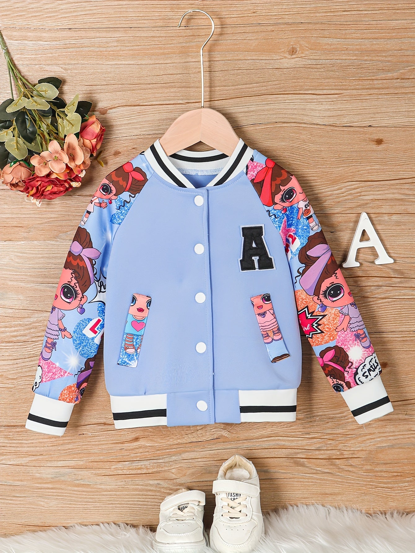 Girls' Pink & White Baseball Jacket - Lightweight Fall Outerwear, Button-Front Closure, Cute Anime-like Characters, Playful Design, Durable Fabric, Cartoon Print, Easy Care, Childrens Wear, Schoolage Kids, Girls' Casual Coat,