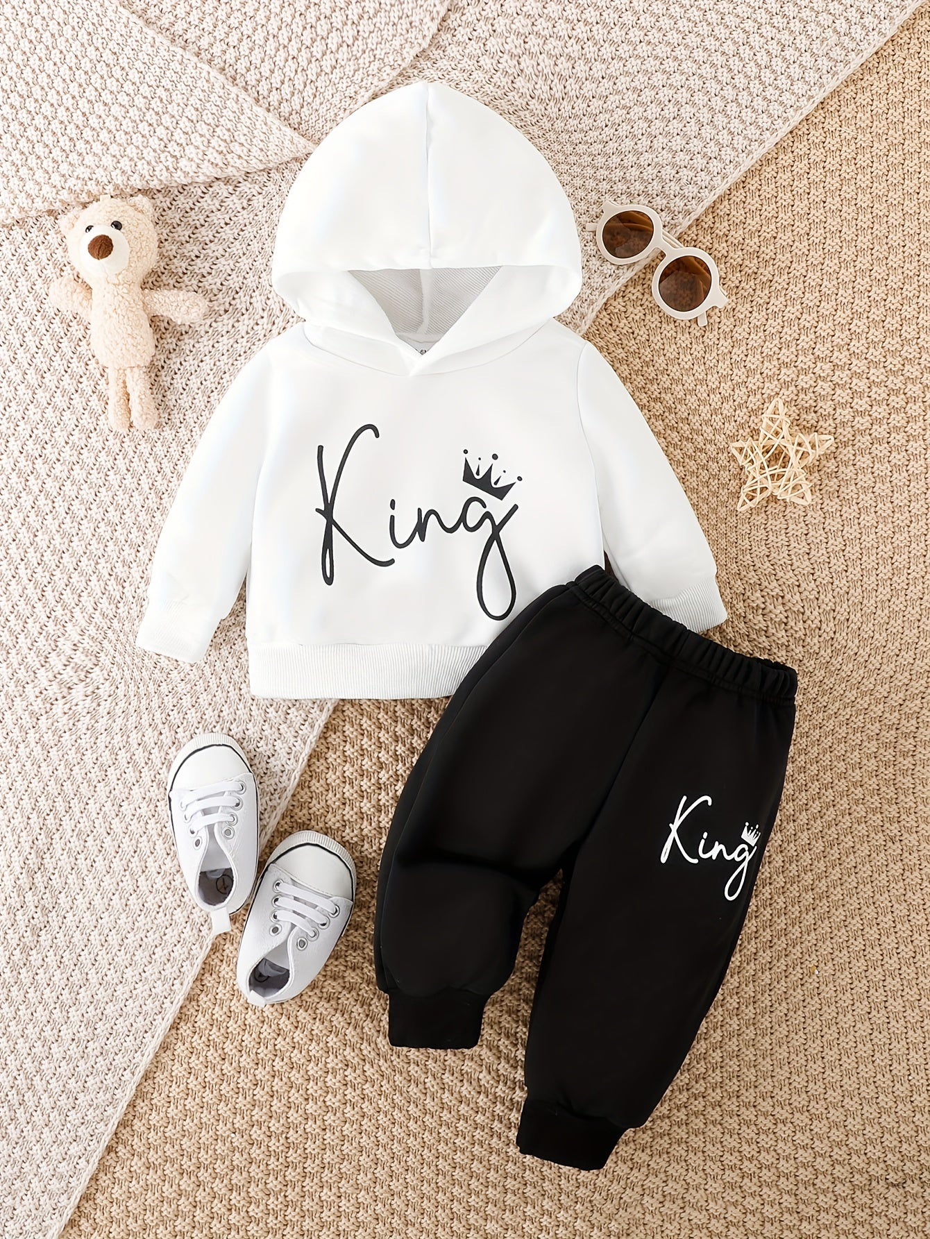Baby Cute KING Print 2pcs Outfit - Kids Casual Stylish Hoodie Top Trousers Outdoor Set For Fall Winter