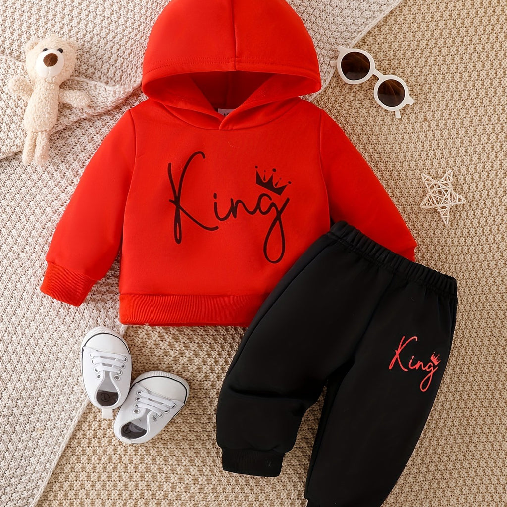 Baby Cute KING Print 2pcs Outfit - Kids Casual Stylish Hoodie Top Trousers Outdoor Set For Fall Winter