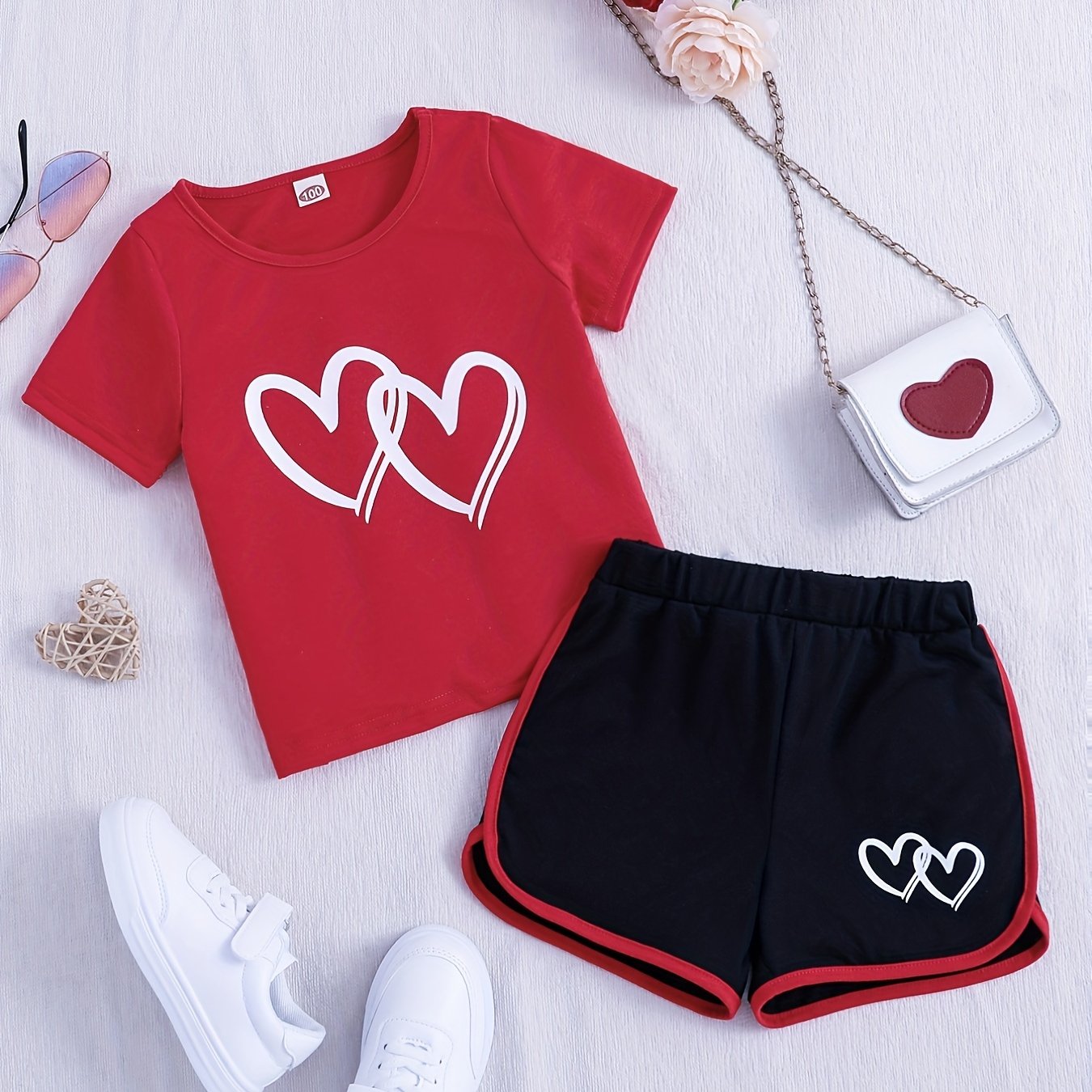 Buy 1 Get 1 Free, total of 2 pcs Adorable Toddler Girls' Heart Graphic Tees - Casual Round Neck, Contrast Binding, Breathable Fabric, Comfortable Fit - Summer Outfit, Track Shorts, Kids' Wardrobe Essential