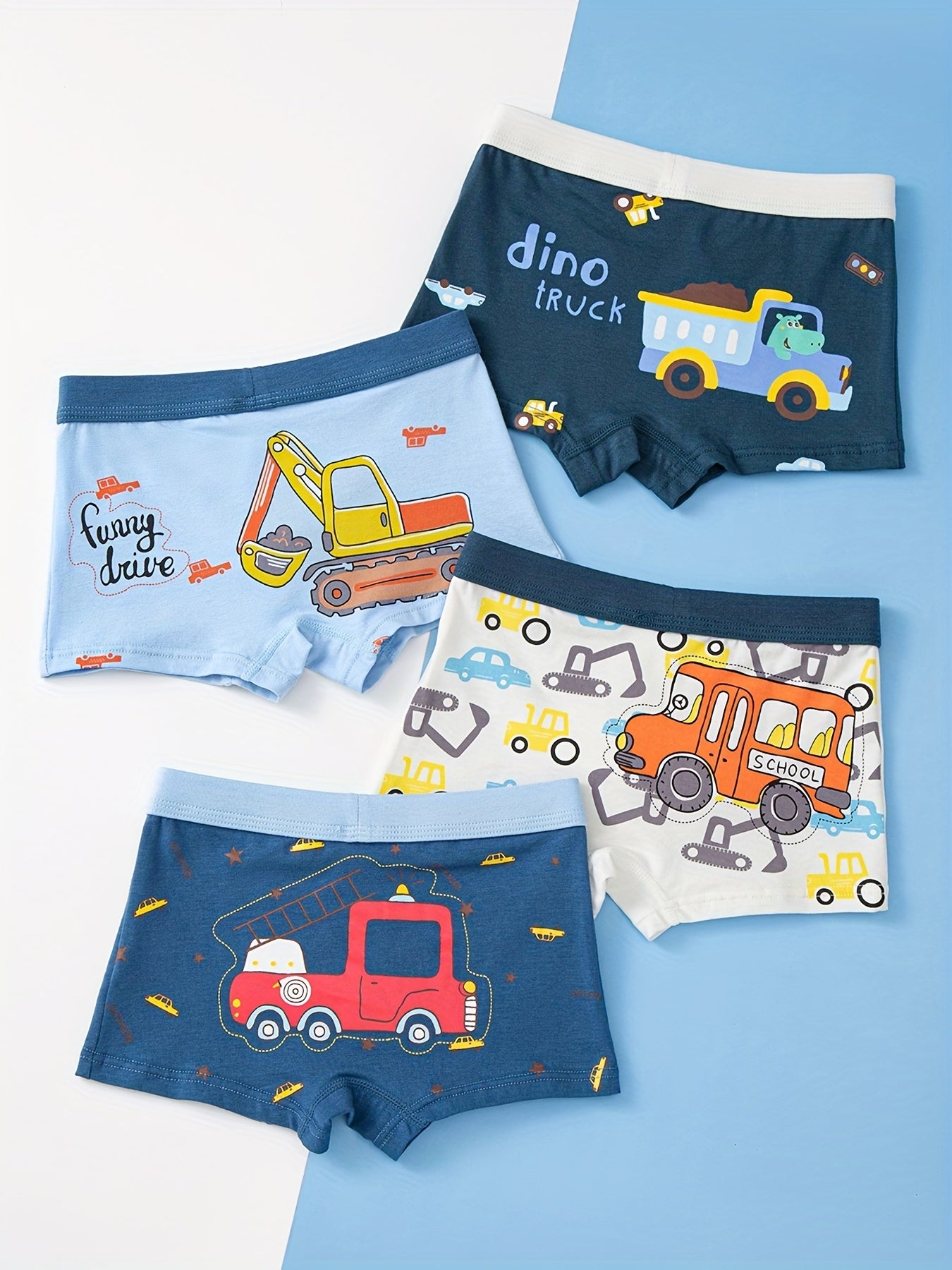 4pcs Comfy Cartoon Excavator Truck Print Boy's Cotton Boxer Briefs - Soft, Breathable, Elastic Waist, Fun Design - Perfect for Active Kids, Casual Daily Wear, Soft Underwear for Sensitive Skin