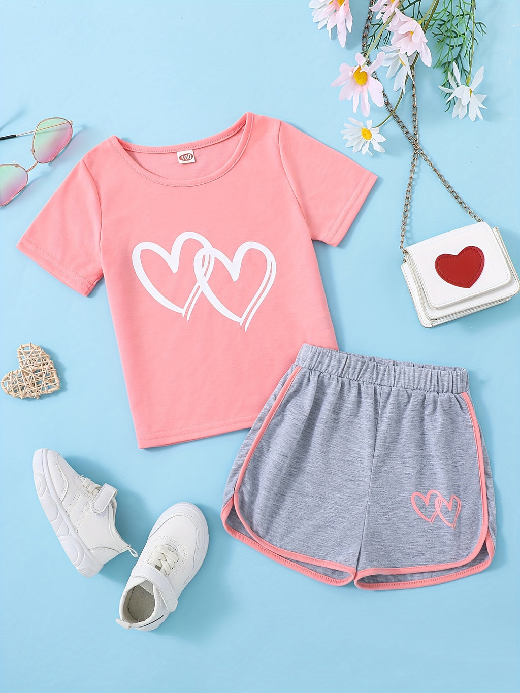 Buy 1 Get 1 Free, total of 2 pcs Adorable Toddler Girls' Heart Graphic Tees - Casual Round Neck, Contrast Binding, Breathable Fabric, Comfortable Fit - Summer Outfit, Track Shorts, Kids' Wardrobe Essential