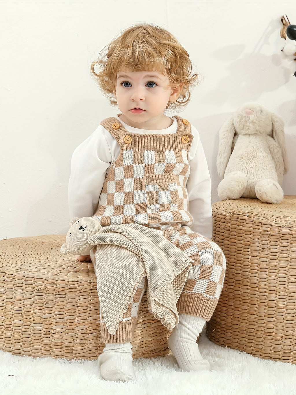 Kids' Knit Checkerboard Overalls with Cute Front Pocket - Cozy Acrylic, Stretchy, All-Season Wear for Boys and Girls, Casual Style, Perfect for Outdoor Wear, Perfect for Outdoor