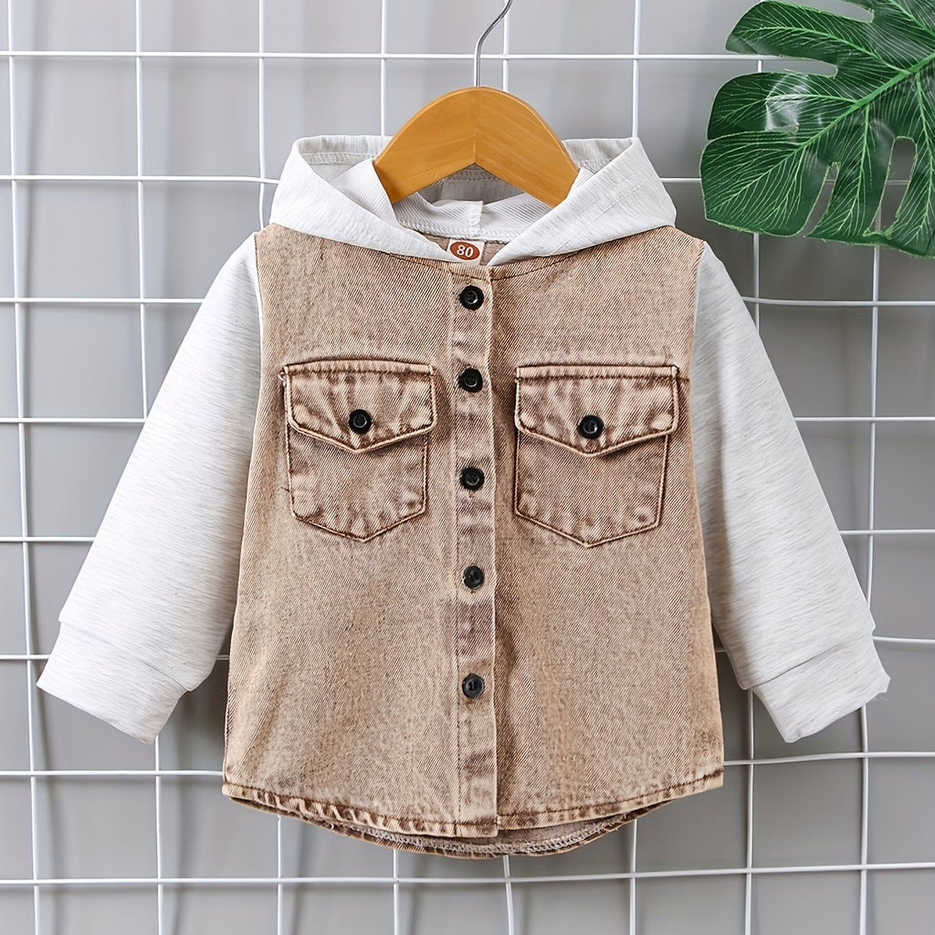 Toddler Boys Stylish Hooded Stitching Long-sleeved Single-breasted Denim Coat With Umbrella-shaped Hem Design, Kids Clothes Autumn And Winter