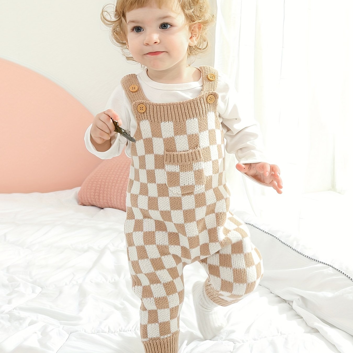 Kids' Knit Checkerboard Overalls with Cute Front Pocket - Cozy Acrylic, Stretchy, All-Season Wear for Boys and Girls, Casual Style, Perfect for Outdoor Wear, Perfect for Outdoor