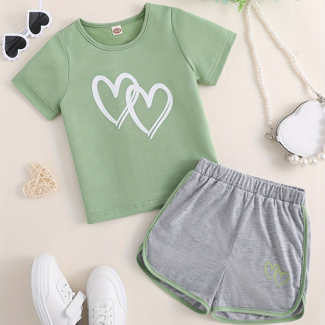 Buy 1 Get 1 Free, total of 2 pcs Adorable Toddler Girls' Heart Graphic Tees - Casual Round Neck, Contrast Binding, Breathable Fabric, Comfortable Fit - Summer Outfit, Track Shorts, Kids' Wardrobe Essential