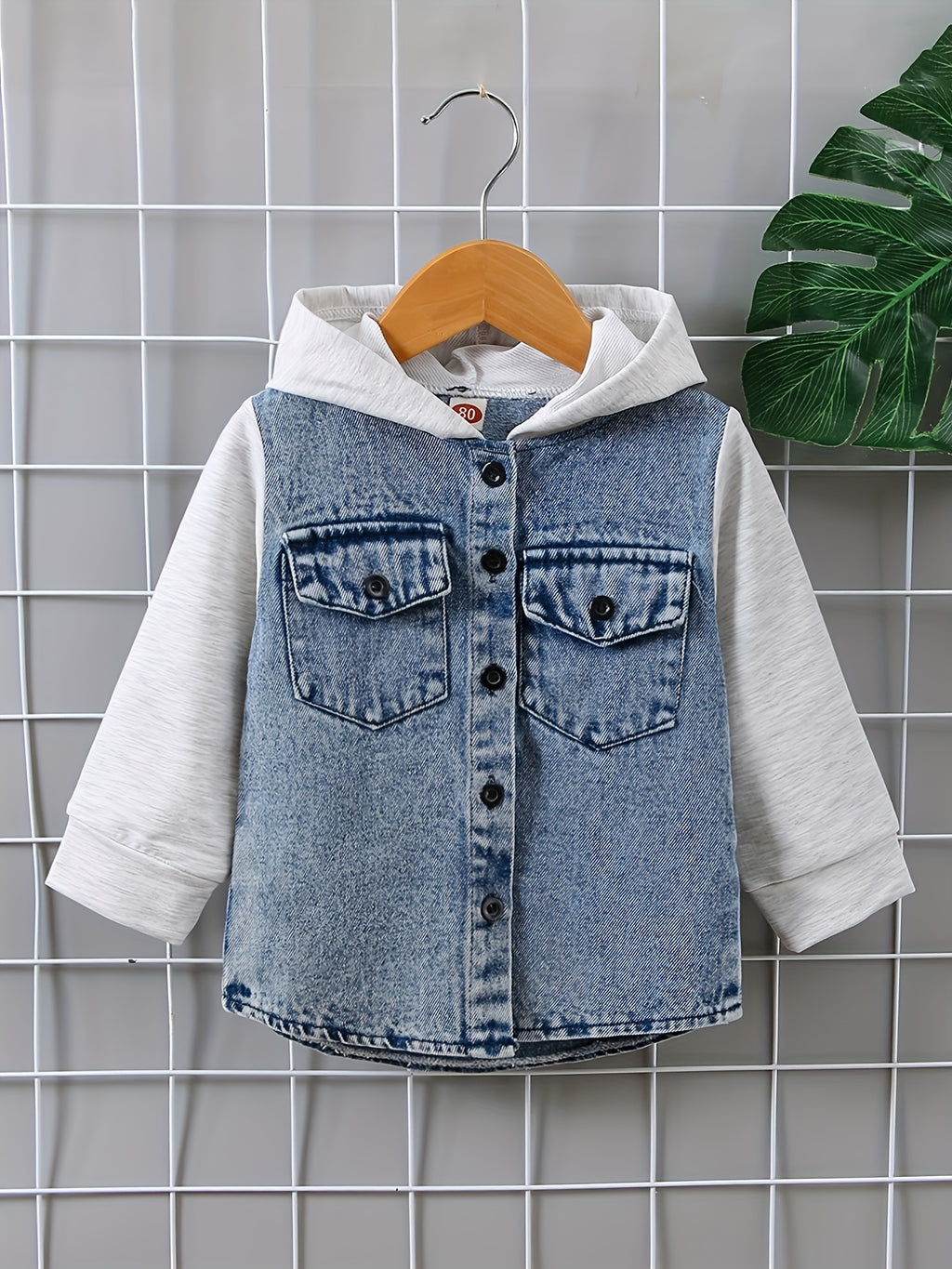 Toddler Boys Stylish Hooded Stitching Long-sleeved Single-breasted Denim Coat With Umbrella-shaped Hem Design, Kids Clothes Autumn And Winter