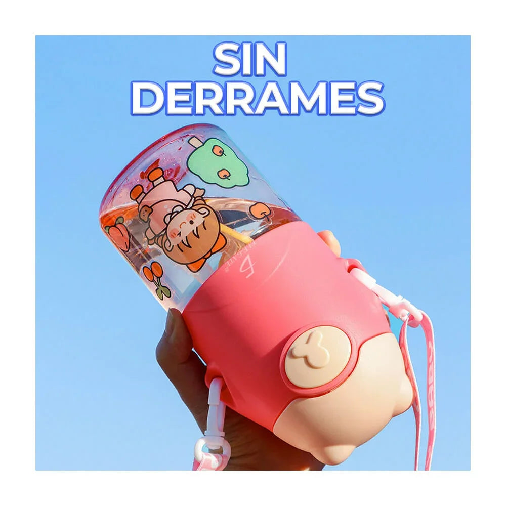 [GDL] Children's animated character bottle, with bear design on the lid, strap and spill-proof lock, variety of colors