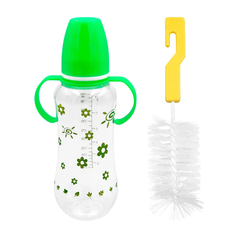 [GDL] 250ml Plastic Baby Bottle with Plastic Bristle Brush Free Sample Variety of Colors and Prints Water Flowing Method Nipple